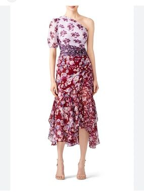 AMUR Burgundy & Lilac Floral Asymmetric Midi Skirt